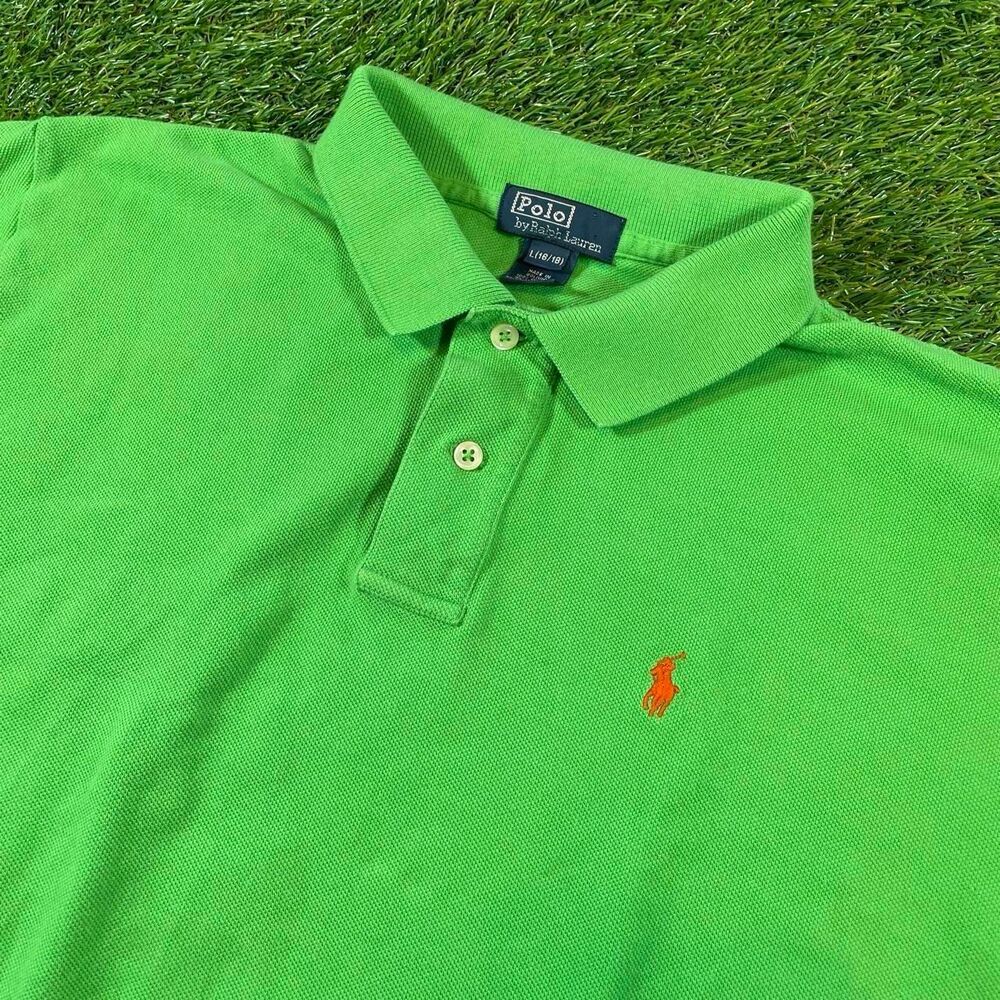 Polo Ralph Lauren Vintage Green Orange Logo Polo Shirt Youth size large (16/18)